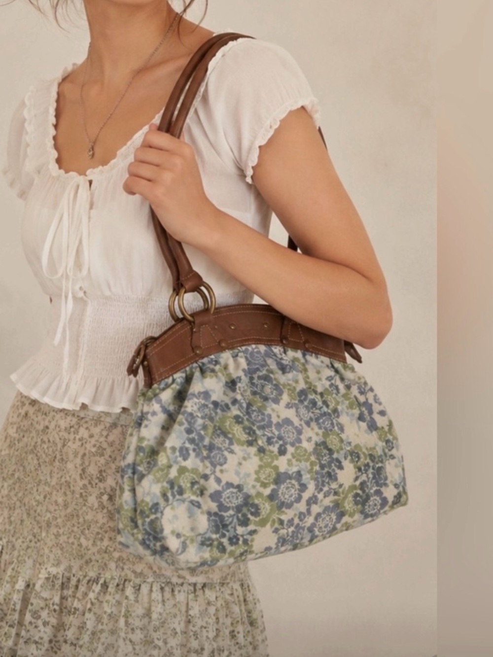 Axcess VTG Y2K Blue & Green Floral Boho Canvas Cottagecore Shoulder Bag